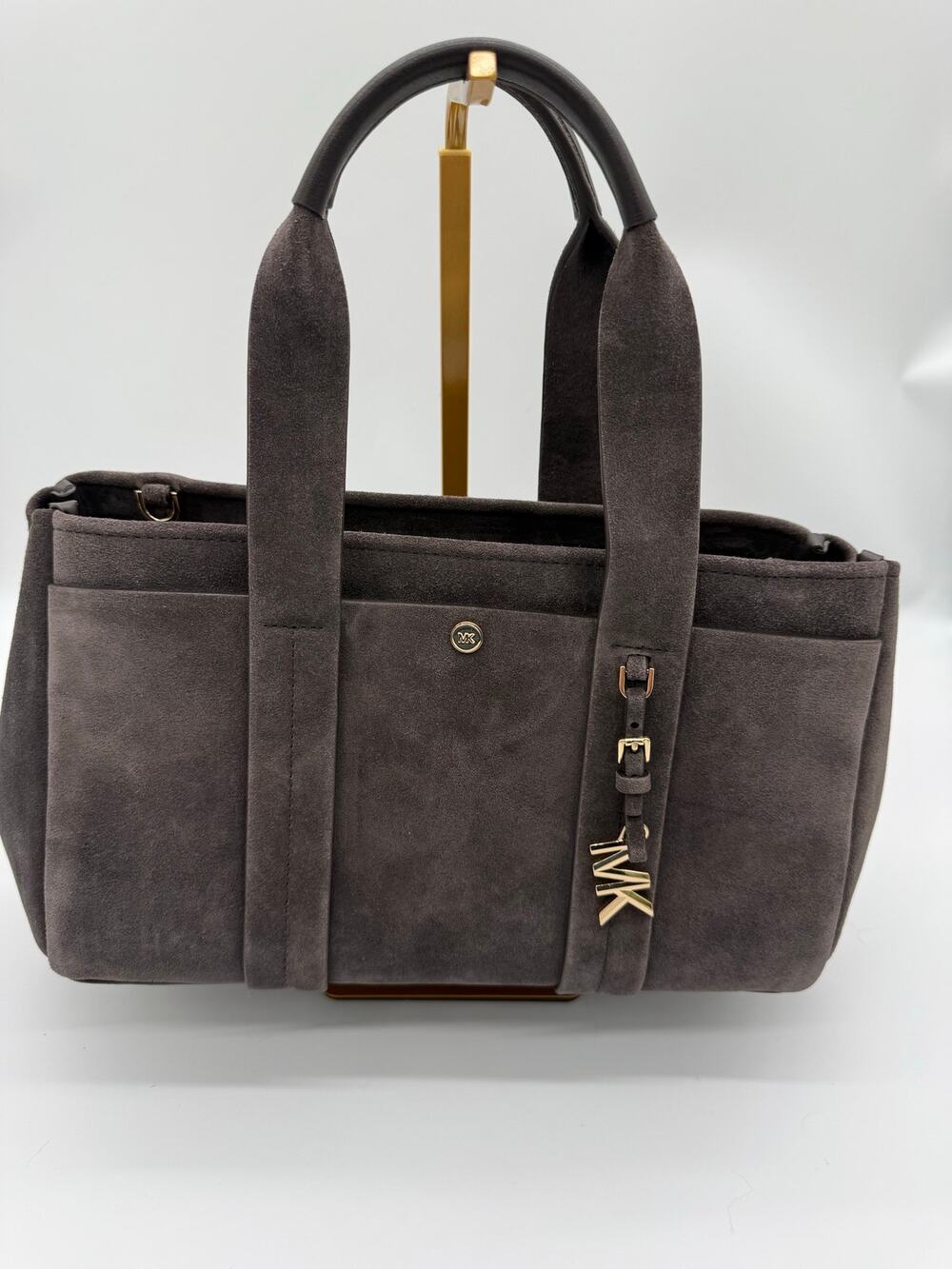 Michael Kors Romee Small Suede Satchel Crossbody Handbag Grey Gold 30F5G1ZS1S